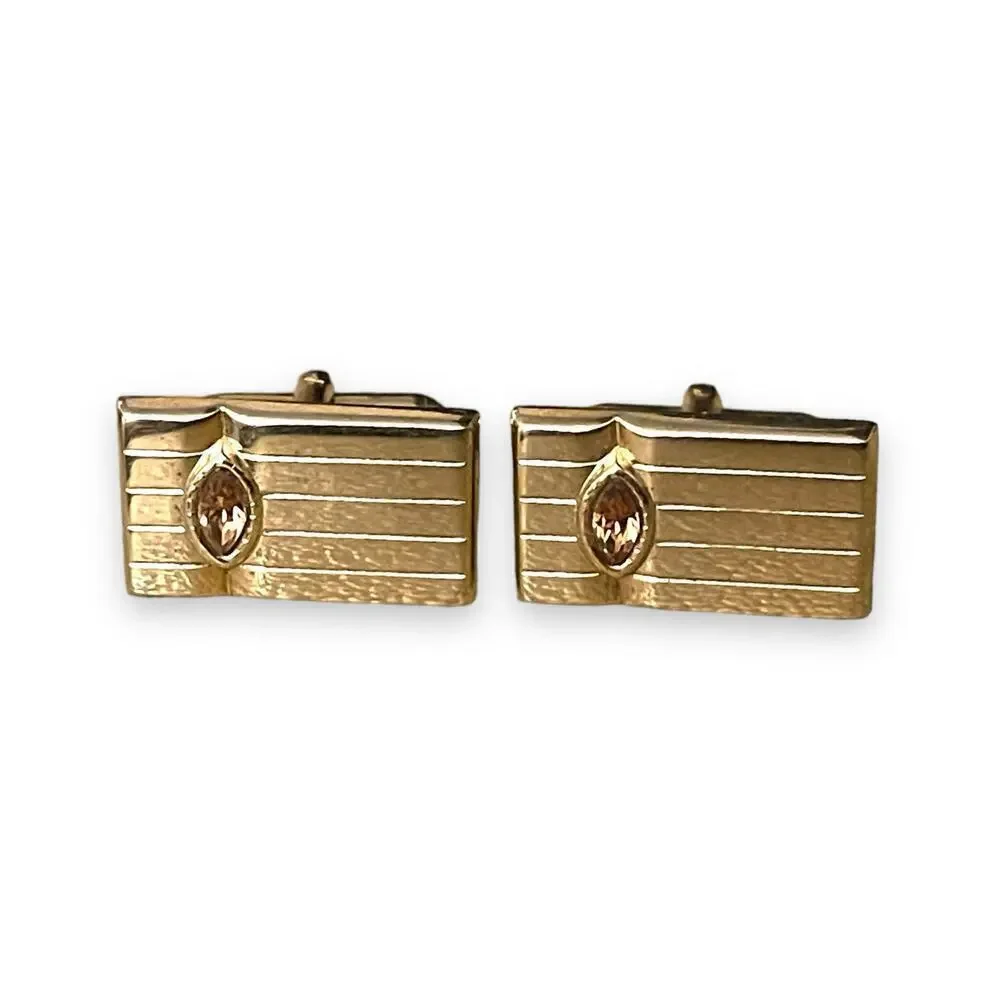 Vintage Cufflinks Mens Gold Tone Orange Marquise Glass Jewels Art Deco Formal